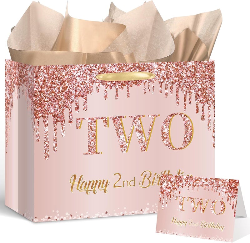 Yoirrat Rose Gold 2nd Birthday Gift Bag for Baby Girls - Large Pink Happy 2nd Birthday Gift Bag with Wrapping Paper and Card for Decorations and Party Supplies - Image 1